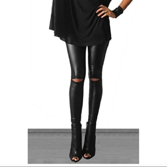 Pants - Faux leather knee cut out leggings
